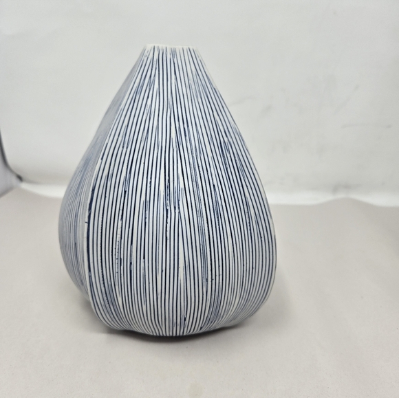Vase Blue & White Strip Ceramic Unique Shape Modern Timeless Universal Aesthetic - Picture 3 of 8